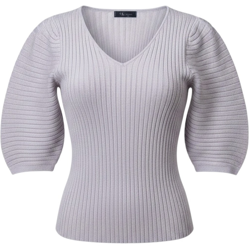 KLD Lavender Ribbed V-Neck Puff Sleeve Knit Top Purple M/L